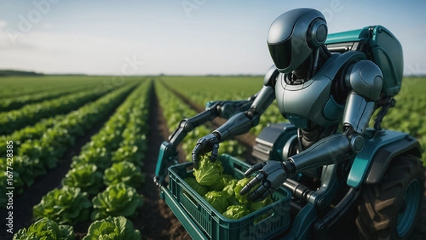 Fototapeta Robotic Farmer at Work: A futuristic robotic farmer meticulously tends to rows of vibrant green crops, showcasing agricultural innovation and technological progress in a sunlit field.