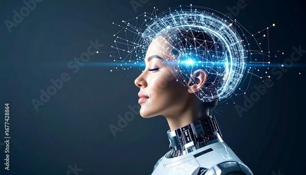 Fototapeta Woman Cyborg with Futuristic Neural Network Connecting Points