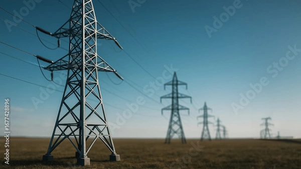Fototapeta Energy Highway: Capturing a photorealistic view of power lines stretching across the horizon against a bright blue sky, representing the modern infrastructure.