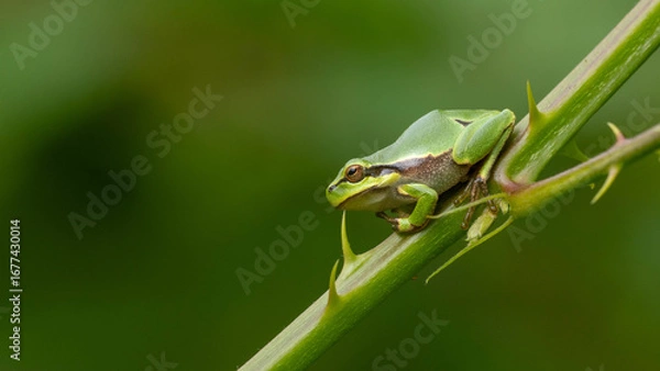 Obraz small tree frog perched on a branch with thorns