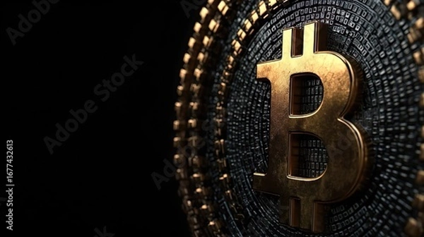 Fototapeta Bitcoin Crypto currency coin background. BTC Gold bitcoin Bit Coins bitcoins. Bitcoins mining, Blockchain money technology isolated black background copy space