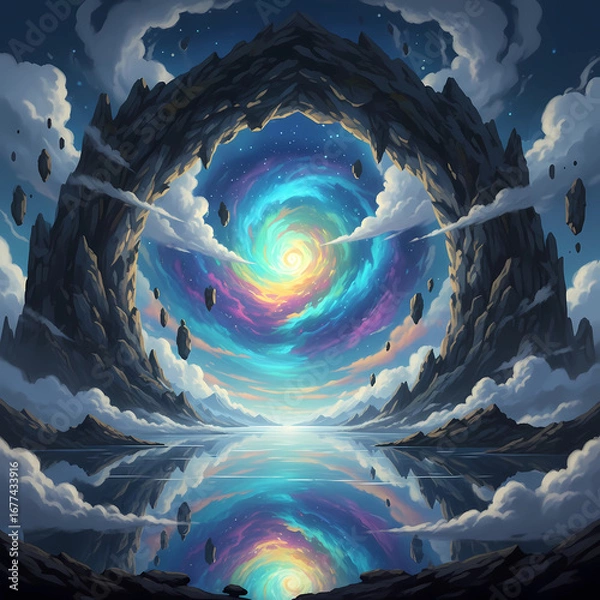Fototapeta Surreal cosmic vortex portal with reflective water and dramatic clouds