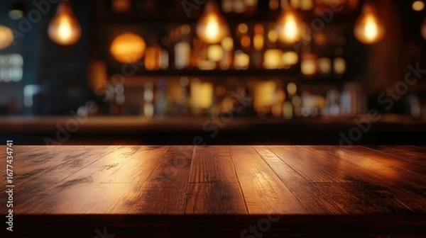 Obraz A dimly lit bar scene with a polished wooden table, softly reflecting warm light from hanging bulbs, creating an inviting atmosphere.