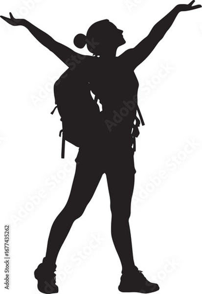 Fototapeta Stretching After Hiking A person stretching their arms or legs, recovering from a long hike with a backpack. full length silhouette black vector illustration
