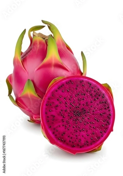 Fototapeta Whole dragon fruit with half cut showing bright pink pulp and black seeds, isolated on white background.
