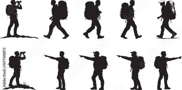 Fototapeta Hiker Carrying a Backpack A person walking with a large backpack, slightly tilted forward. full length silhouette black vector illustration