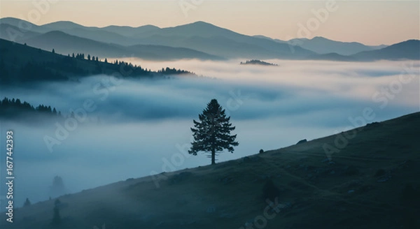 Fototapeta 朝霧に包まれた朝焼けの山々