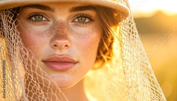 Fototapeta Woman Portrait with Freckles and Mesh Veil in Golden Hour Light