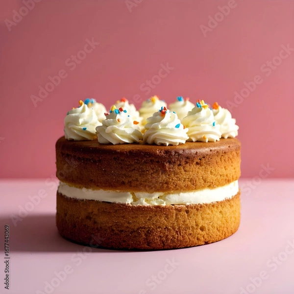 Fototapeta Delightful layered cake with fluffy cream frosting and colorful sprinkles, perfect for celebrations