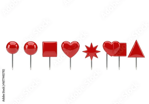 Fototapeta Red Push Pins Set with Geometric Shapes on Transparent Background Rendering