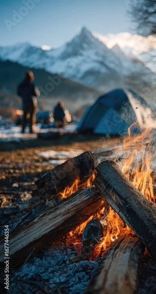 Obraz A crackling campfire dominates the foreground, with blurred figures and a tent amidst a snowy mountain landscape at sunset