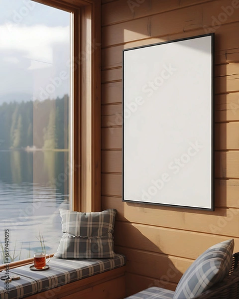 Fototapeta Empty rectangular frame mounted on a warm wooden paneled wall next to a large window with a blurred outdoor view perfect for mockup displays