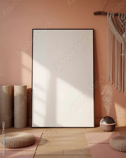 Fototapeta Blank poster mockup with cozy boho decor and natural light shadows for art display and interior design inspiration