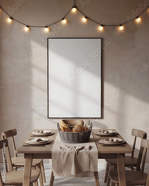 Fototapeta Empty framed poster mockup above a rustic wooden dining table set for a festive gathering with string lights casting warm shadows indoors