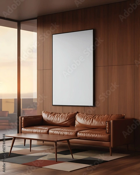 Fototapeta Modern living room with leather sofa and blank canvas artwork bathed in warm afternoon sunlight through large windows
