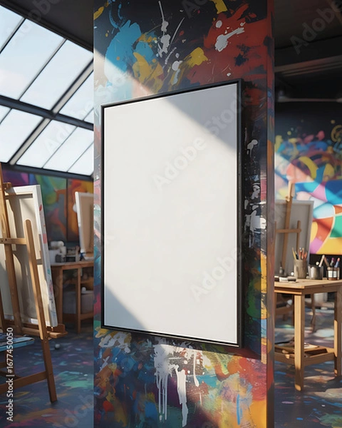 Fototapeta Blank white canvas mockup in a vibrant abstract art studio with natural light and shadow play displaying creative space