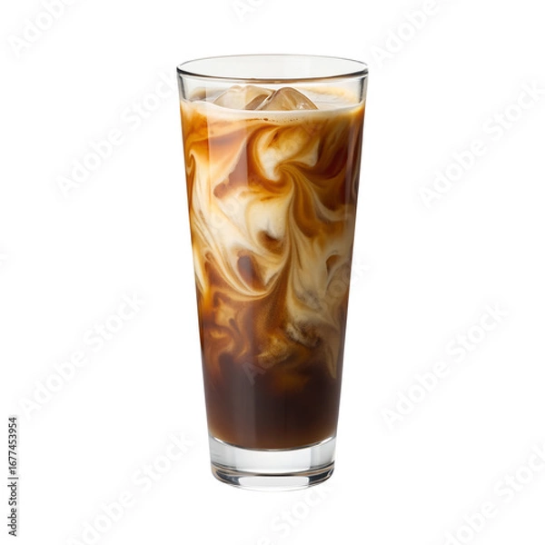 Fototapeta A tall glass of iced coffee with cream swirling inside, isolated on a transparent background