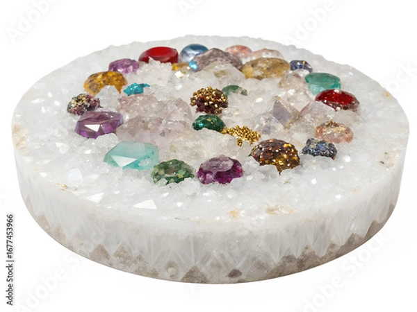 Fototapeta Crystal Geode Platform with Embedded Gemstones – A round platform made from crystal geodes isolated on a transparent background