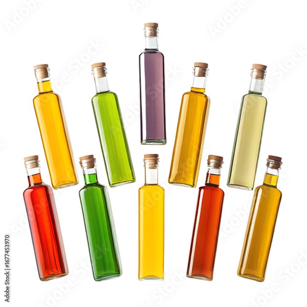 Fototapeta Floating composition of colorful olive oil bottle arranged in mid-air, isolated on a transparent background