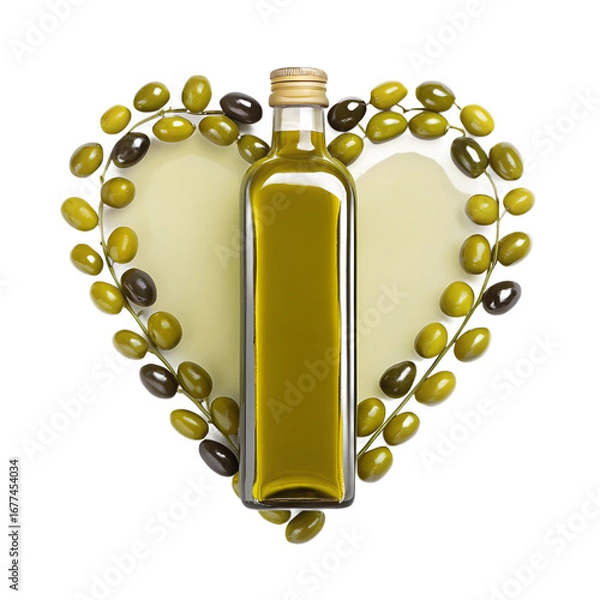 Fototapeta fresh olive oil bottle arranged as a heart, isolated on a transparent background