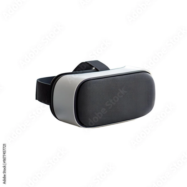 Fototapeta A sleek, modern VR headset with a white and black design, featuring a textured black face pad and adjustable black straps, set , isolated on transparent background