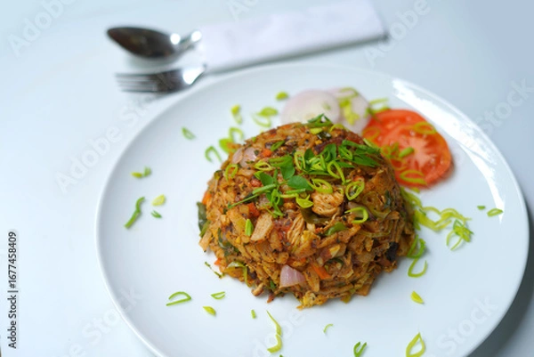 Obraz Flavorful Chicken Kottu Roti with Spoon, Fork, and Fresh Herbs.