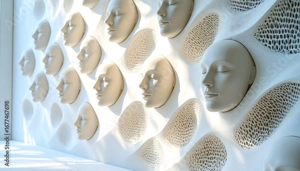 Fototapeta Abstract Art Installation Featuring Multiple Human Faces on a Wall