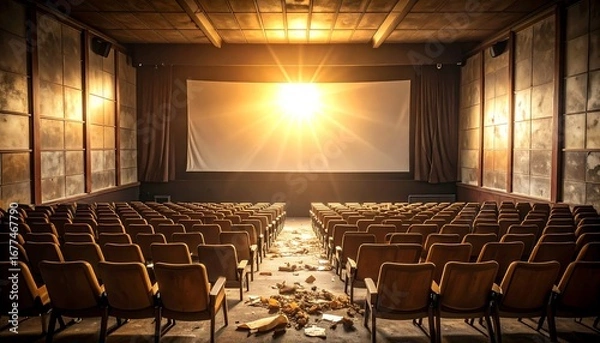 Fototapeta Abandoned Theater with Bright Light on Screen and Empty Seats