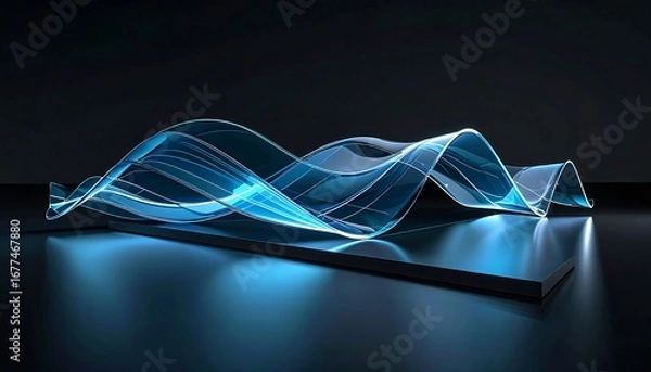 Fototapeta Abstract Blue Wave Form on Dark Surface Glowing Light