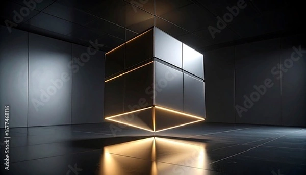 Fototapeta Abstract Cube Sculpture with Glowing Lines in Dark Modern Room