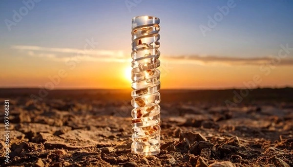 Fototapeta Abstract Crystal Object Glowing at Sunset on Arid Land