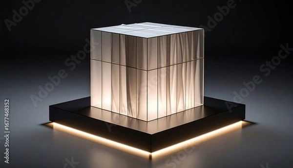 Fototapeta Abstract Cube Sculpture with Light on Black Platform