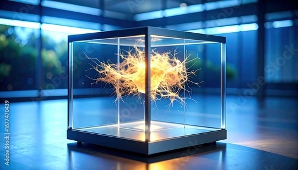 Fototapeta Abstract Light Art Inside Clear Cube Display in Modern Room