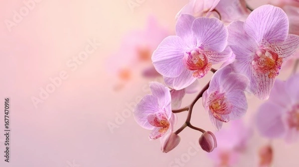 Fototapeta Stunning photo of delicate pink soft background featuring orchid flowers Floral greeting card spring concept with Copy space.
