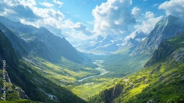 Fototapeta A breathtaking valley scene featuring lush green hills and majestic mountains under a bright blue sky with fluffy clouds.