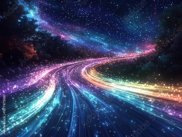 Fototapeta Starry night sky with time-lapse light streaks and abstract blue purple green line pattern for music album cover