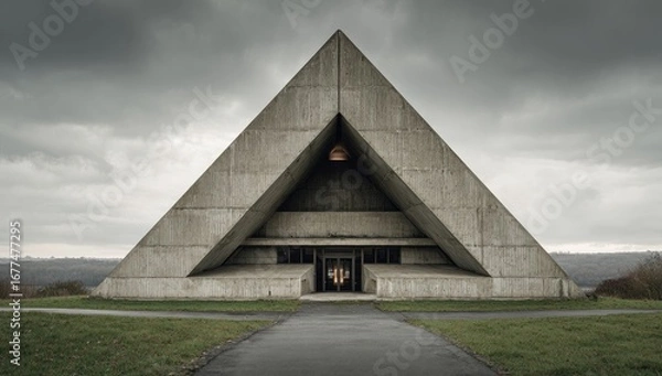 Obraz Imposing concrete triangular structure, minimalist design, under a brooding sky; pathway leads to recessed entrance