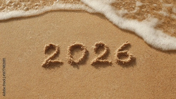 Obraz 2026 written in sand with wave approaching