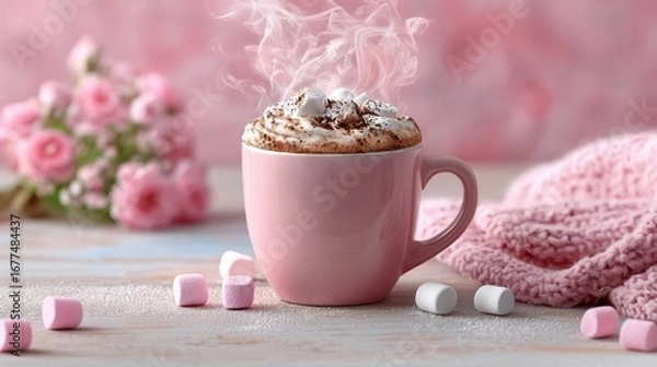 Fototapeta A cozy cup of hot chocolate topped with marshmallows, surrounded by pink flowers and a soft knit blanket.