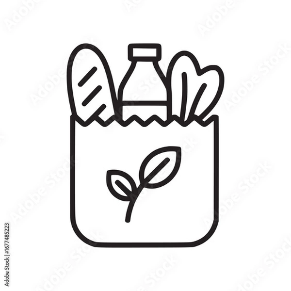 Obraz Outline drawing of a grocery bag filled with bread bottle and lettuce with a leaf design on the bag