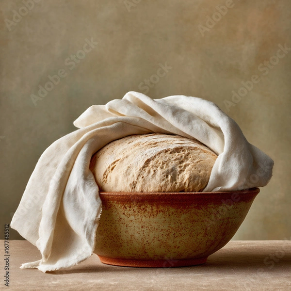 Fototapeta Freshly risen dough in a ceramic bowl, covered with a cloth, prepared for baking at home in a warm kitchen environment