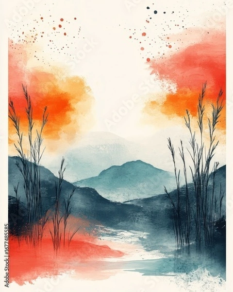 Fototapeta A serene watercolor landscape featuring mountains and vibrant foliage in warm hues, creating a peaceful and calming atmosphere.
