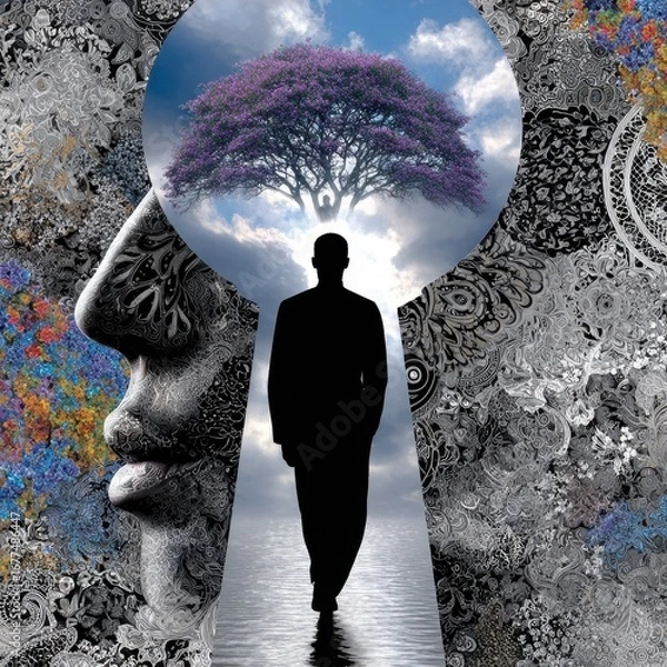 Fototapeta An abstract representation of introspection, featuring a keyhole view of a person walking towards a tree, symbolizing growth and reflection.