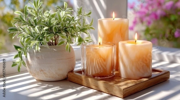 Fototapeta Serene scene featuring lit candles and a lush plant, creating a peaceful atmosphere for relaxation and mindfulness.