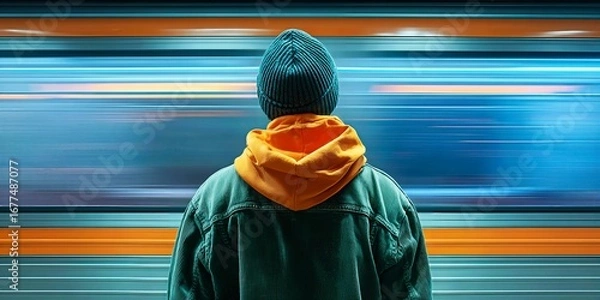 Fototapeta Person at Subway Station with Moving Train in Background