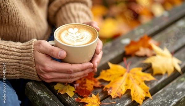 Fototapeta Warm Embrace of Autumn: Hands Holding Latte Art Mug Outdoors