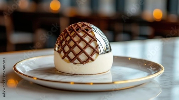 Fototapeta Premium vanilla mousse cake topped with decorative chocolate grid and glossy finish served on transparent plate in fine dining establishment