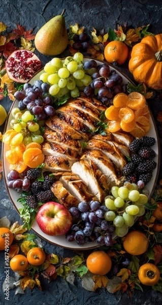 Fototapeta Sliced grilled turkey breast artfully arranged on a platter with assorted autumnal fruits, including grapes, apples, pears, mandarins, pomegranate, and blackberries, surrounded by fall leaves