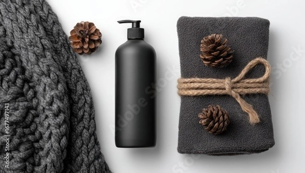 Fototapeta Flatlay of dark grey knitted textile, black pump bottle, and folded dark grey fabric with pine cones, all on a white background