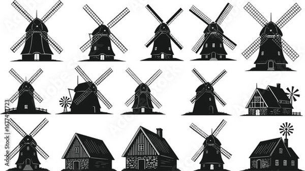 Obraz Silhouettes of traditional windmills and rustic farmhouses, vintage countryside architecture, rural landscape elements, classic farming structures, historical windmill designs